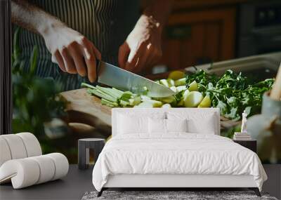 A chef skillfully chopping fresh vegetables on a wooden cutting board, showcasing a vibrant array of healthy ingredients. Wall mural