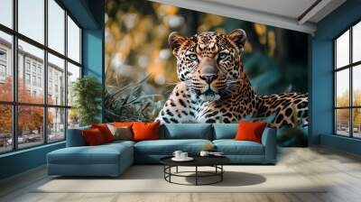 A majestic leopard resting in lush greenery, showcasing its stunning coat and piercing gaze in a natural habitat. Wall mural