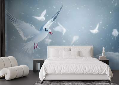 A serene scene of a white bird flying gracefully over a snowy landscape, capturing the beauty of winter's tranquility. Wall mural