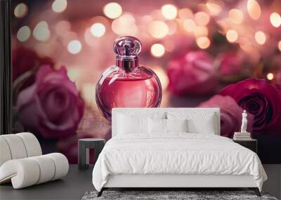 Elegant perfume bottle surrounded by fresh roses and soft bokeh lights, perfect for beauty and fragrance-themed projects. Wall mural