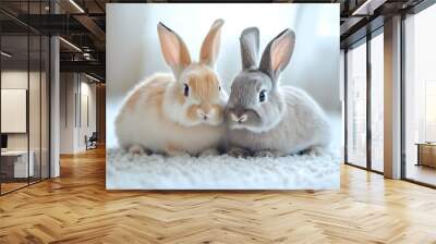 Two adorable rabbits snuggled together on a soft carpet, embodying true friendship and warmth in a cozy indoor setting. Wall mural