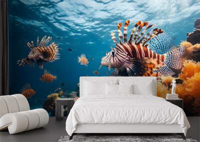 Vibrant underwater scene showcasing beautiful striped lionfish swimming among colorful corals and marine life. Wall mural