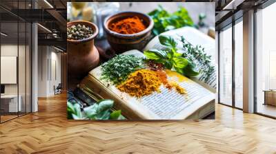 A closeup of a variety of fresh herbs and spices arranged on a wooden table, perfect for a healthy and delicious meal Wall mural