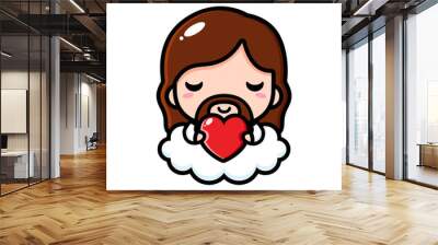 cute cartoon jesus vector design hugging heart on cloud Wall mural