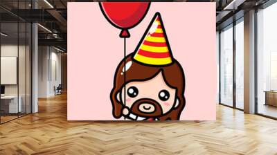 Vector design of cute cartoon jesus wearing flying birthday hat with balloon Wall mural