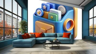 A 3D illustration of a colorful. stylized toolbox filled with various icons and tools. Wall mural