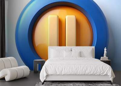 A 3D rendered pause button with a blue outer ring. an orange background. and two yellow pause bars. Wall mural