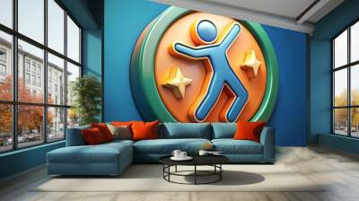 A cheerful. 3D icon featuring a stylized blue person with outstretched arms and two gold stars. all inside a green and orange circle. Wall mural