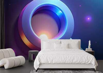 A futuristic and stylish 3D magnifying glass icon. rendered in vibrant blue and purple tones with a glowing center. Wall mural