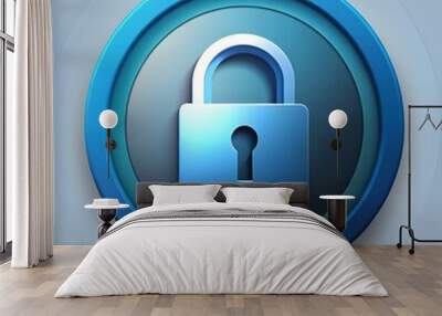 A modern. sleek. and simple padlock icon in a blue circular button. Wall mural