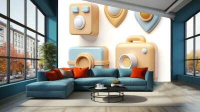 A set of four 3D icons featuring a camera. two location markers and a square icon. all rendered in a soft. pastel color scheme. Wall mural