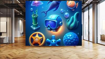 A vibrant collection of 3D icons representing underwater life and aquatic adventures. Wall mural