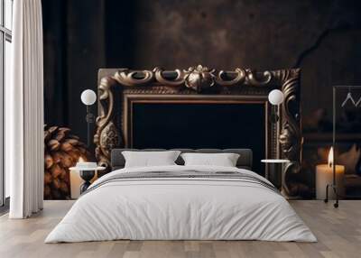 A vintage ornate frame sits on a rustic wooden table. casting an enigmatic shadow against a dark background. Wall mural