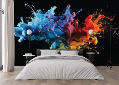 Acrylic blue and red colors in water. Ink blot. Abstract black background. Bright color clouds. Splash of color paint, water or smoke on dark background. Wall mural