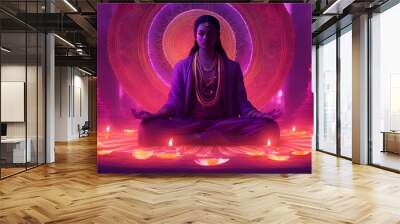 Beautiful asian woman meditating in the lotus position with diwali background Wall mural