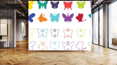 Butterflies silhouette colorful drawing flat or line icon set. Flaying butterflies vector collection isolated on transparent background. Use for graphic design, beauty, web and mobile app. Wall mural