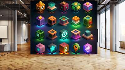 Colorful. vibrant isometric cubes with unique icon designs. perfect for app interfaces. game assets. and UI design. Wall mural