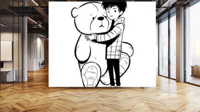 Cute boy hugging a big teddy bear. Wall mural