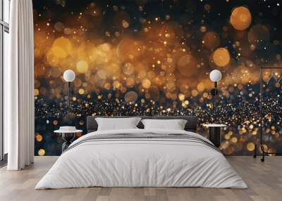 Golden abstract bokeh on a black background. Holiday concept. Abstract luxury swirling gold background with gold particles. Christmas Golden light shine particles. Gold foil texture. Wall mural