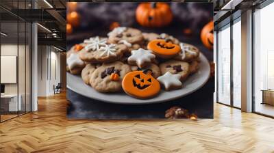 Halloween cookies with decoration on dark background. Selective focus. Wall mural