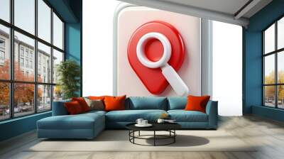 Modern 3D icon depicting a red location pin with a white magnifying glass. perfect for mobile app interfaces. website design. or social media graphics. Wall mural