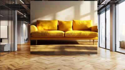 Modern yellow sofa. Furniture for modern interior, minimalist design. Living room interior with sofa. Wall mural