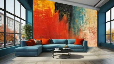 Oil painting on canvas, with accents of red blue, and yellow flowers, hand-drawn artwork in a modern style. Contemporary art in oil paint strokes and coarse brush strokes, oil psinting Wall mural