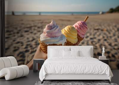 one hand holds tasty ice cream on a summer beach.generative.ai Wall mural