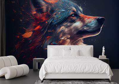 Portrait of a wolf with red and blue splashes on a black background Wall mural