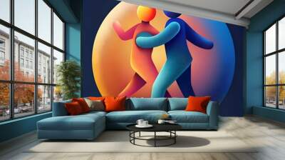 Two stylized figures. one blue and one orange. are shown in a warm. vibrant embrace. symbolizing unity. collaboration. and connection. Wall mural