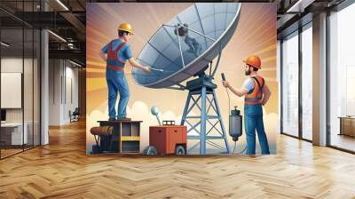 Two technicians work on a large satellite dish. illustrating the complex nature of communication technology. Wall mural