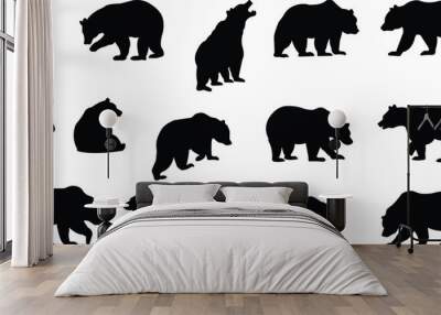 Various bear silhouettes icons set isolated on the transparent background. Bear animal collection, various poses and position black flat vector for zoo, wildlife, graphic, web and mobile app. Wall mural