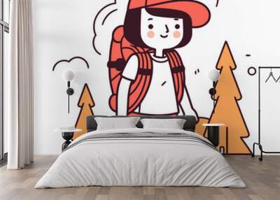 Vector illustration of a girl with a backpack and a red cap. Wall mural