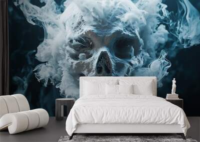 A haunting image capturing the beauty of a skull engulfed in swirling blue smoke, invoking a sense of mystery Wall mural