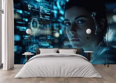 A woman is looking at a futuristic screen with numbers on it Wall mural