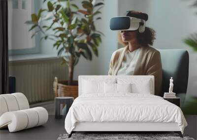 A woman using a virtual reality headset at home, immersed in a digital environment, illustrating the use of VR technology for entertainment and personal relaxation.

 Wall mural