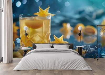 An elegant starfruit cocktail with slices of starfruit floating among ice cubes, garnished with a sprig of mint, set against a backdrop of starry lights and blurred blue tones. Wall mural