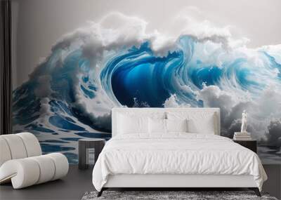  an artwork of a blue wave with white foam, made of a material like white foam. Wall mural