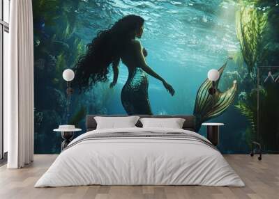 Beautiful mermaid swimming underwater in deep sea. Wall mural