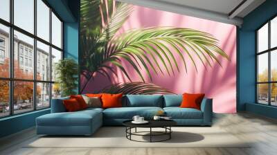 Blurred shadow from palm leaves on the light pink wall. Minimal abstract background for product presentation. Spring and summer, Generative AI Wall mural