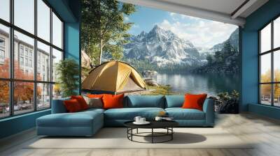 Camping site by a tranquil mountain lake with a tent and pine trees Wall mural