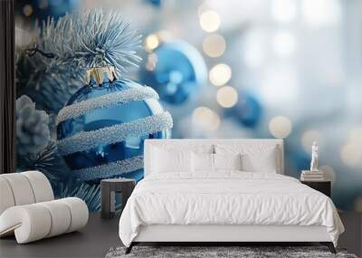 Festive Blue Christmas Ornaments with Snowy Decorations Wall mural