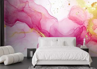 Luxe Abstract Pink Marble Stone Ink: Fluid Painted Texture, Blossom Flower Swirls, Gold Lines Wall mural