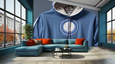 a blue hooded sweatshirt with a large white circle logo on the front. Wall mural