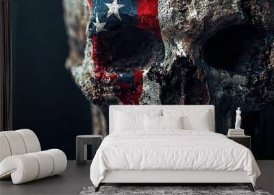 Patriotic skull. Realistic human skull painted with the American flag on dark background. Wall mural