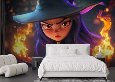 Sorceress Witch Woman holds magic fire in hands in a fantasy world Wall mural