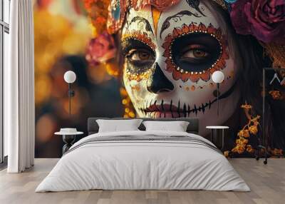 Sugar Skull Makeup Dia de los Muertos Woman s Face Blue Eyes Orange Flowers Wall mural