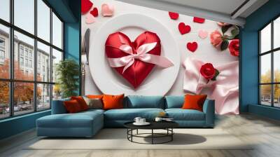  Top view of a Valentine's Day table decorated with a beautiful ribbon and a decorative heart, arranged perfectly for a romantic dinner, with clean copyspace surrounding the setup.  Wall mural