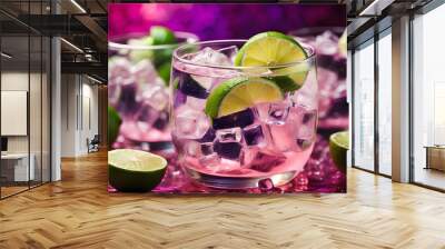 A close-up of limes and ice cubes submerged in sparkling water, set against a background of pink, purple, and green tones reminiscent of dreamy, light, and white tones. Wall mural