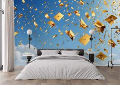 Banner featuring golden foil confetti and graduation hats flung skyward set against a background of blue skies. Congratulations, graduates. Vector illustration that is horizontal and has copy space. Wall mural